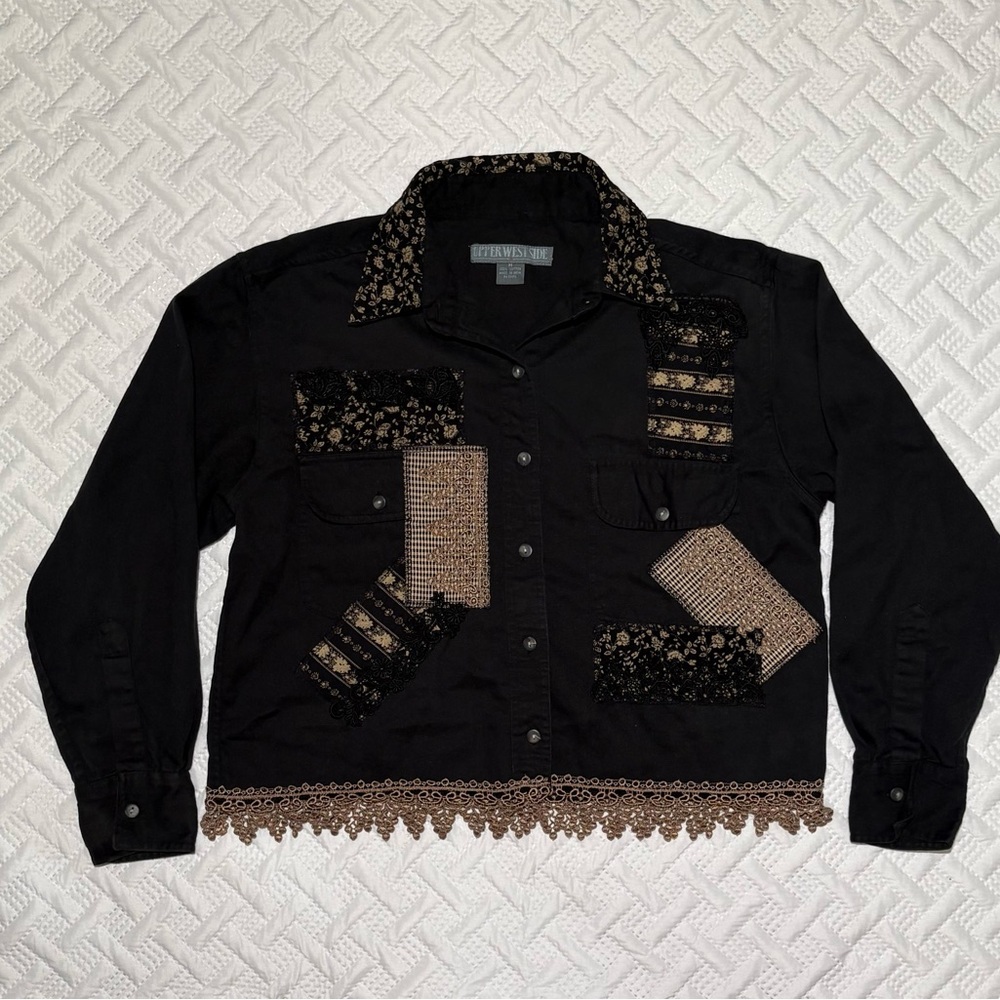 Upper West Side brand button-down shirt features patchwork details & lace hem
